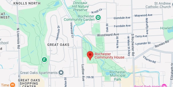Map of downtown Rochester showing the Rochester Community House